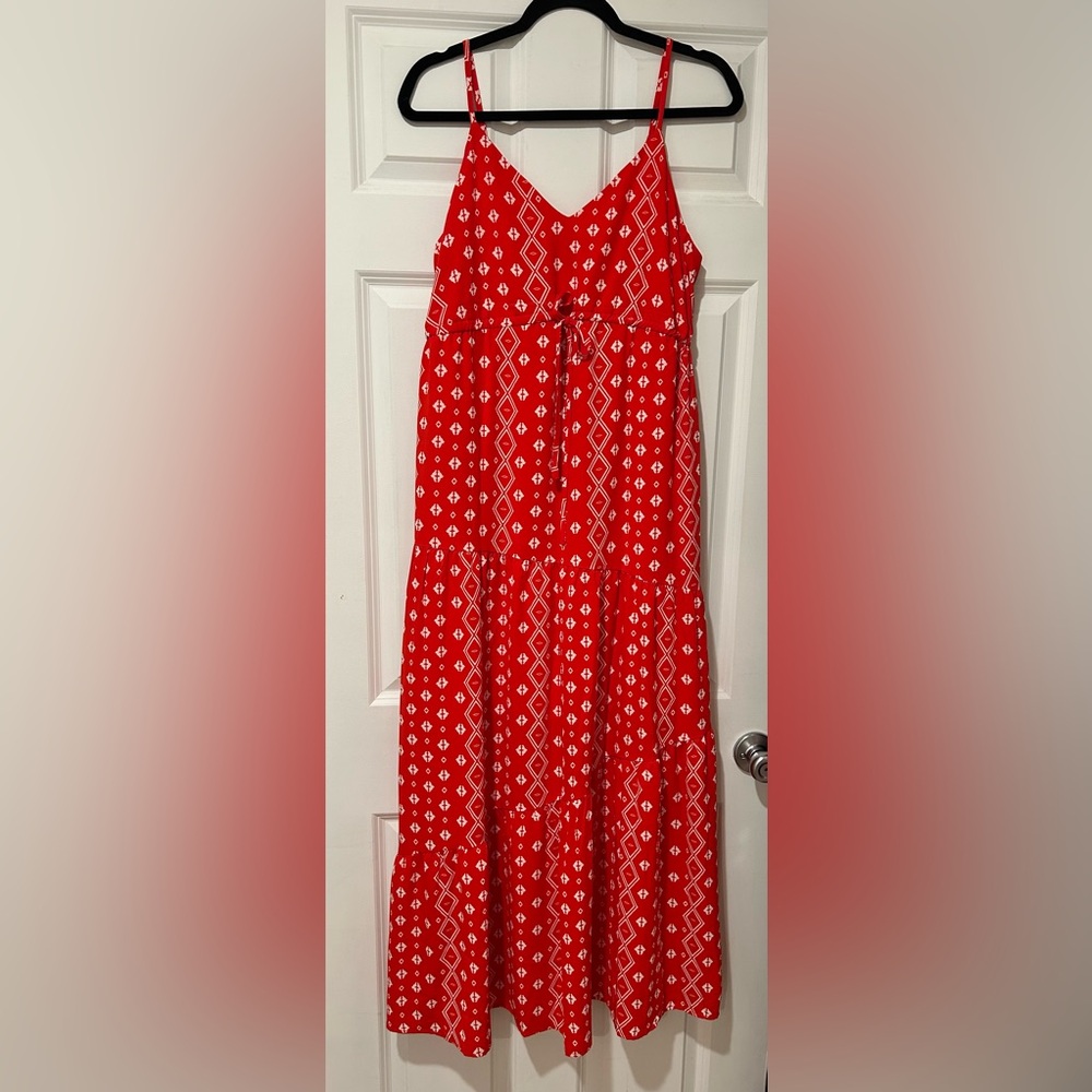 NWOT Red Print Boho Tiered Summer Maxi Dress with Adjustable Spaghetti Straps - Picture 2 of 14